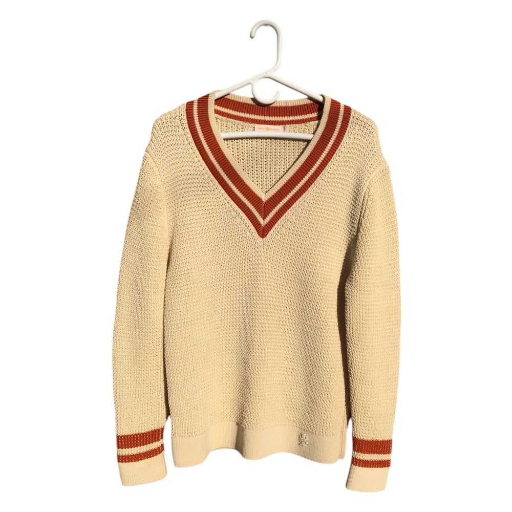 Tory Burch Cream V-Neck Sweater with Rust Stripes